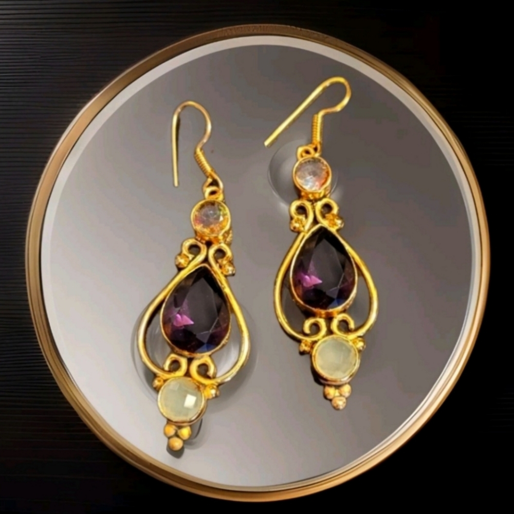 Estate Amethyst Topaz & Chalcedony Handcrafted Gold Dangle Earrings